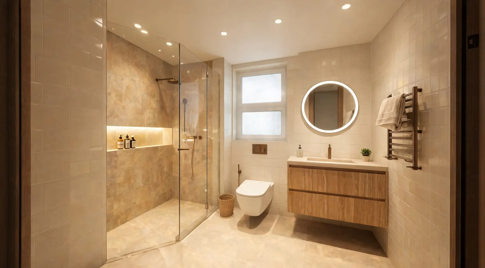 Banyo: ışıklı nişli traverten duş duvarı ve asma meşe lavabo (3D tasarım örneği)