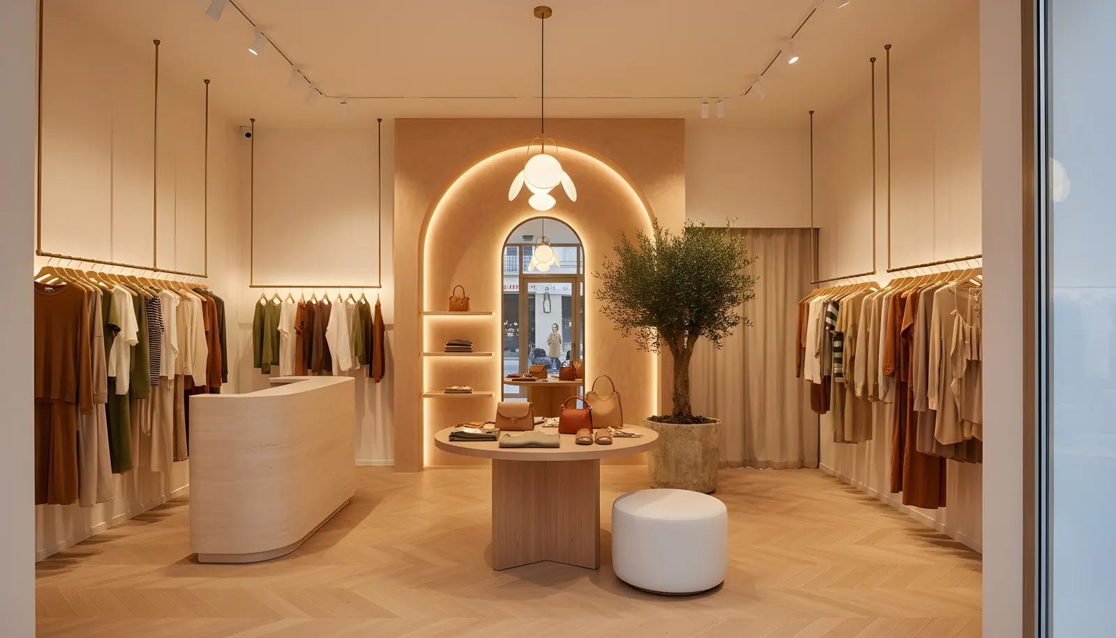 Butik mağaza: ışıklı kemerli niş, ayna ve bronz askılar (3D tasarım örneği)